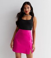 New Look Petite Bright Pink Satin Split Hem Mini Skirt